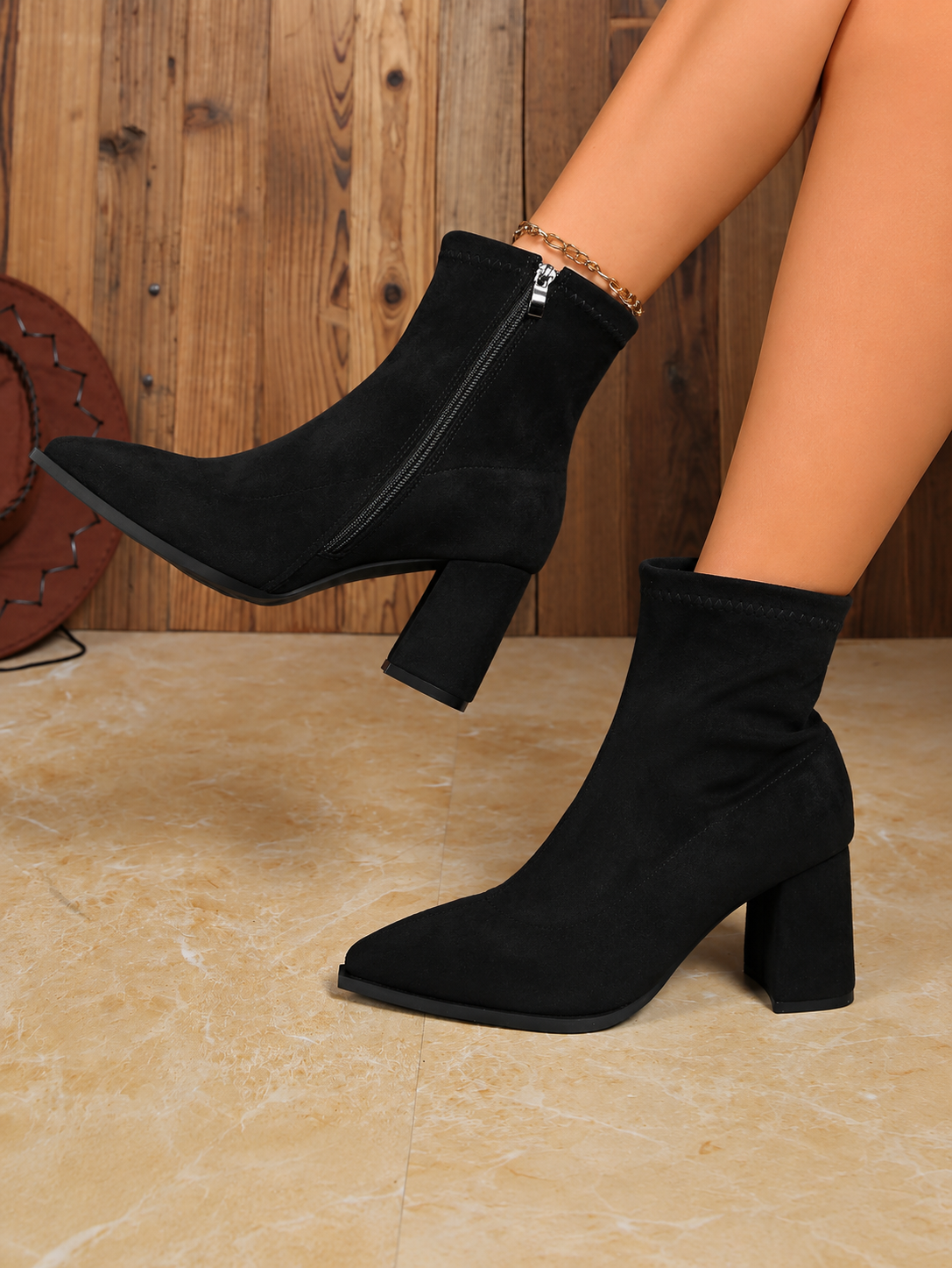 Women's Suede Ankle Boots Block Heel Pointed Toe Stylish Footwear