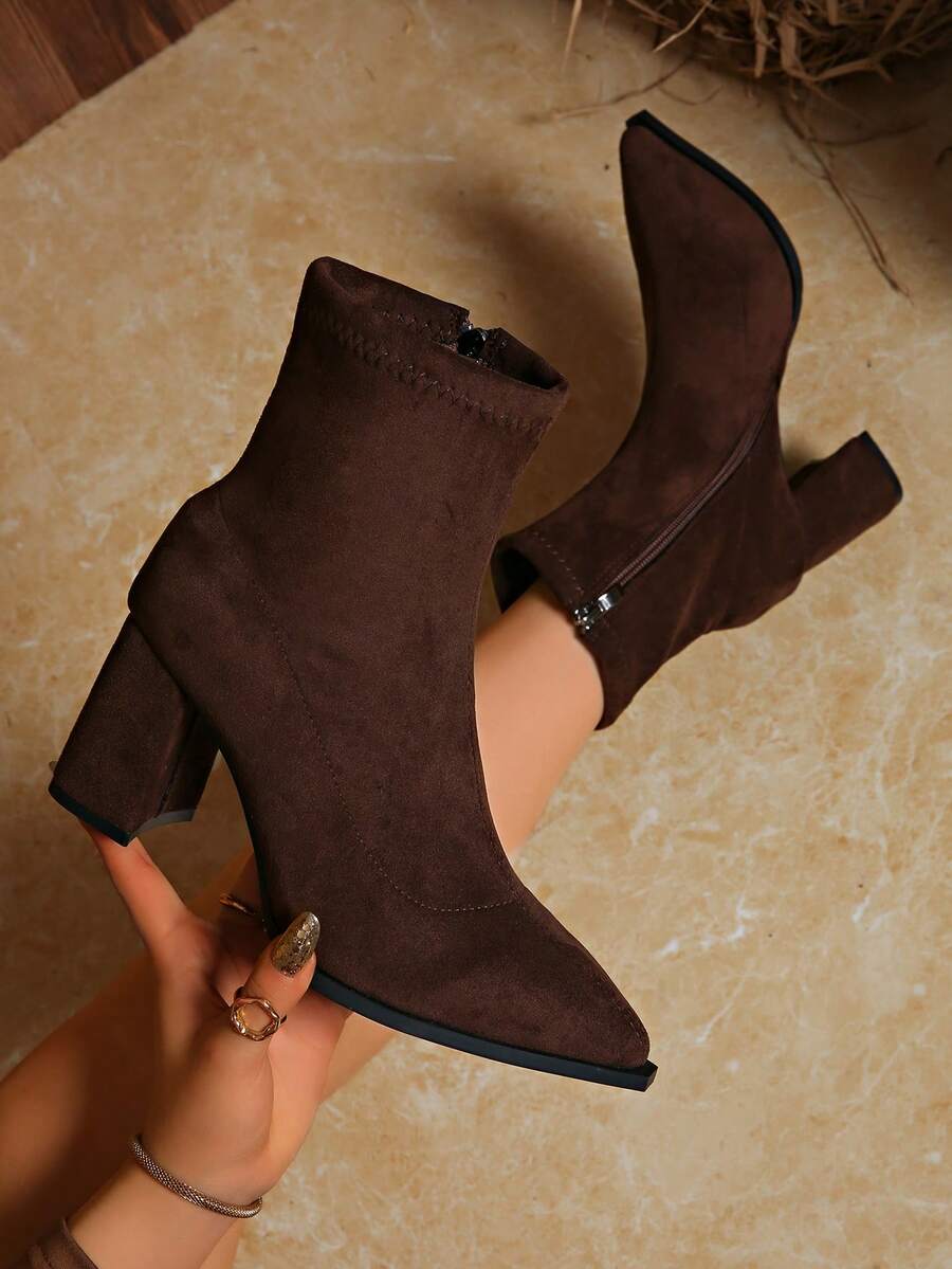 Women's Suede Ankle Boots Block Heel Pointed Toe Stylish Footwear