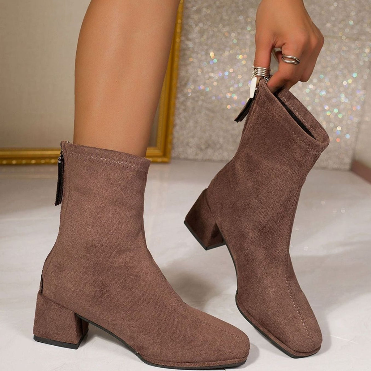 Women's Suede Ankle Boots Square Toe Block Heel Stylish Casual Footwear