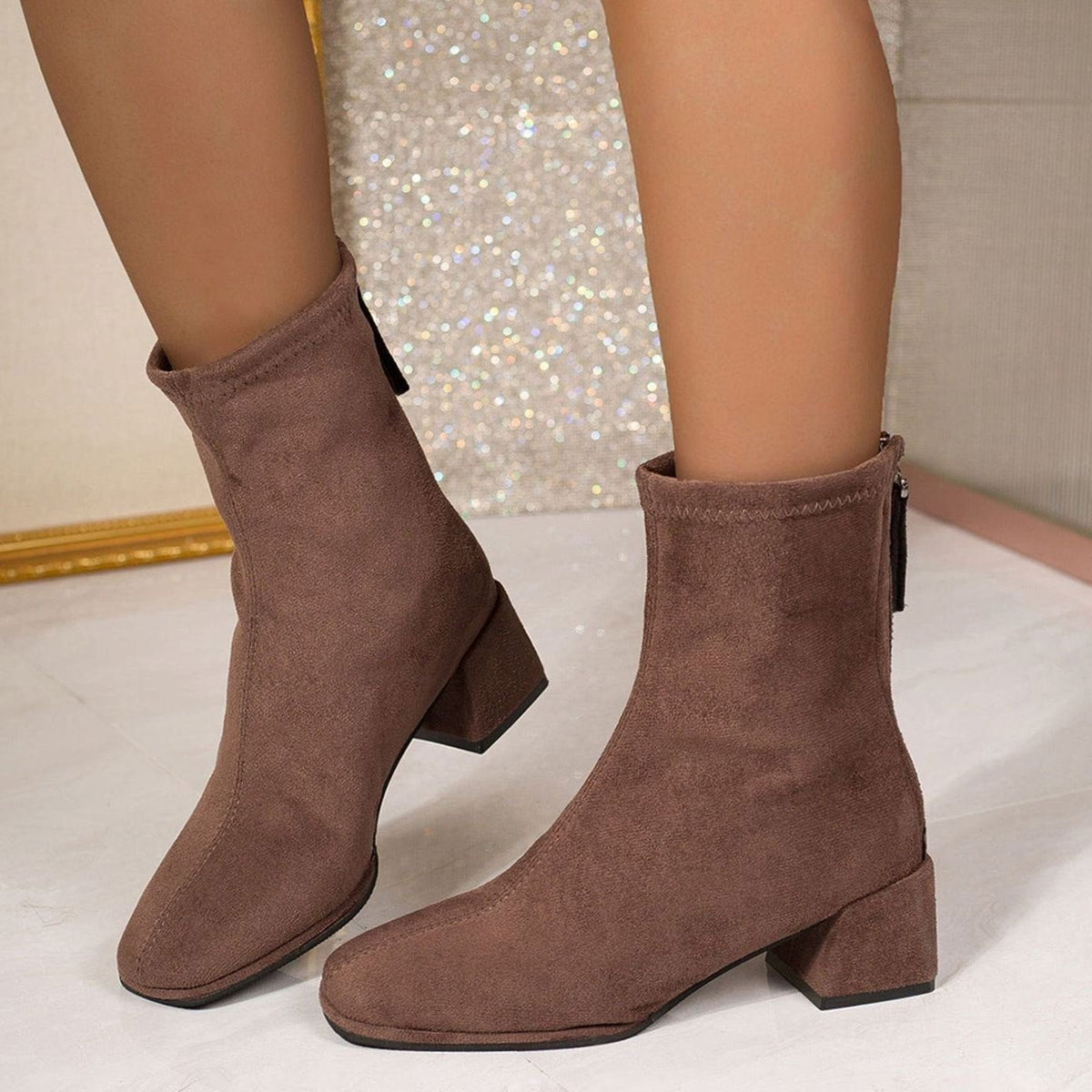 Women's Suede Ankle Boots Square Toe Block Heel Stylish Casual Footwear