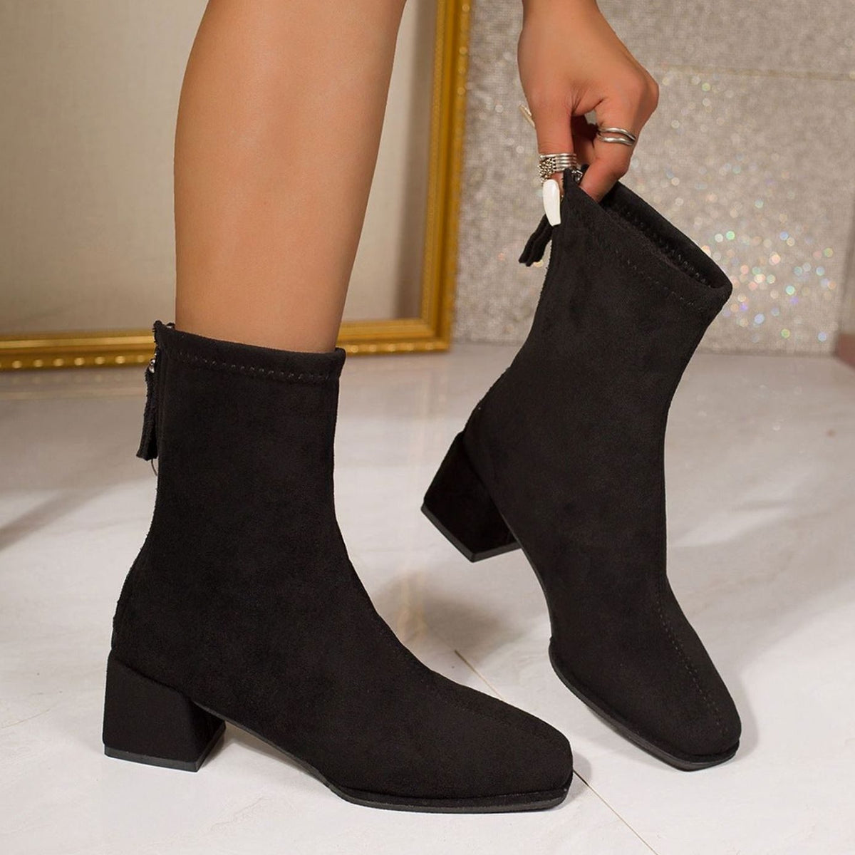 Women's Suede Ankle Boots Square Toe Block Heel Stylish Casual Footwear