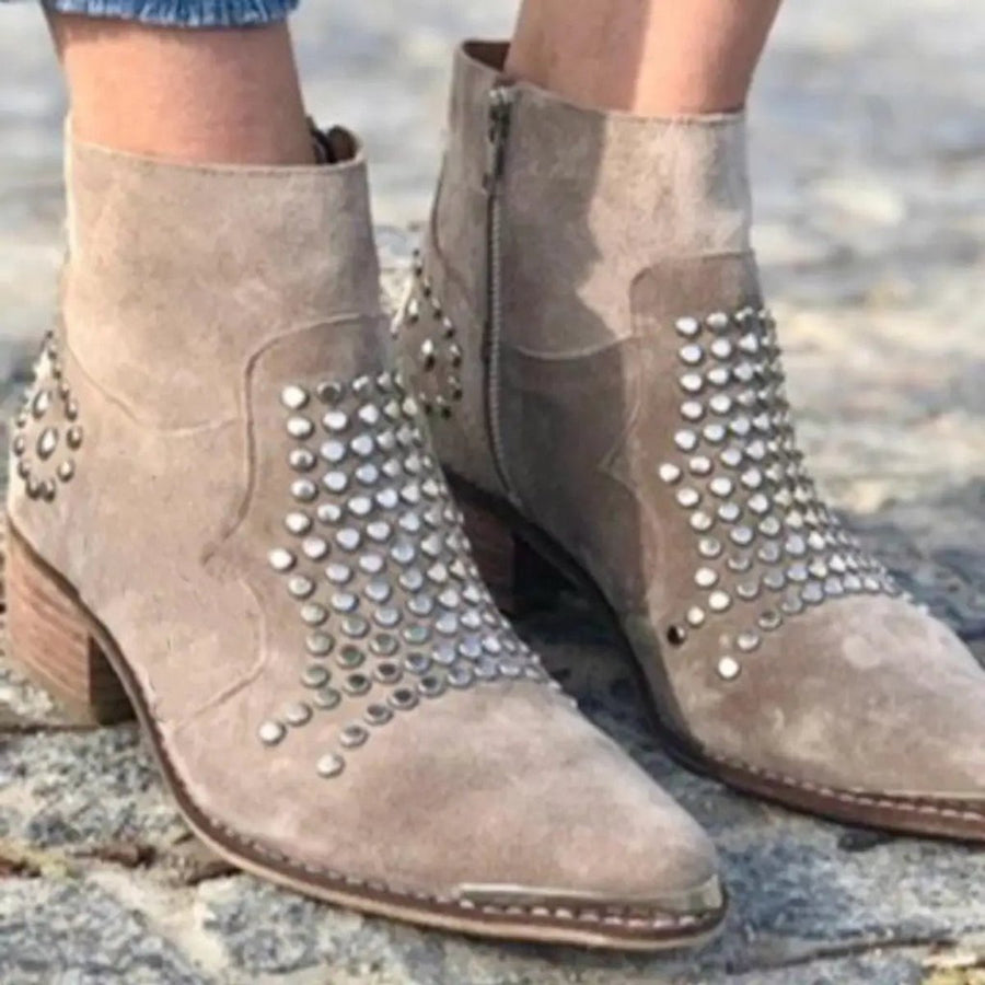 Women's Ankle Boots Block Heel Pointed Toe Studded Stylish Footwear