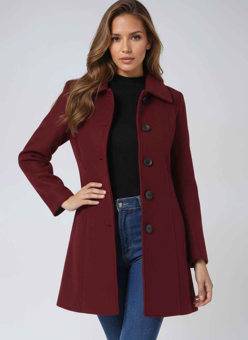 Women's Fit and Flare Coat Button-Front Classic Style Layered Chic