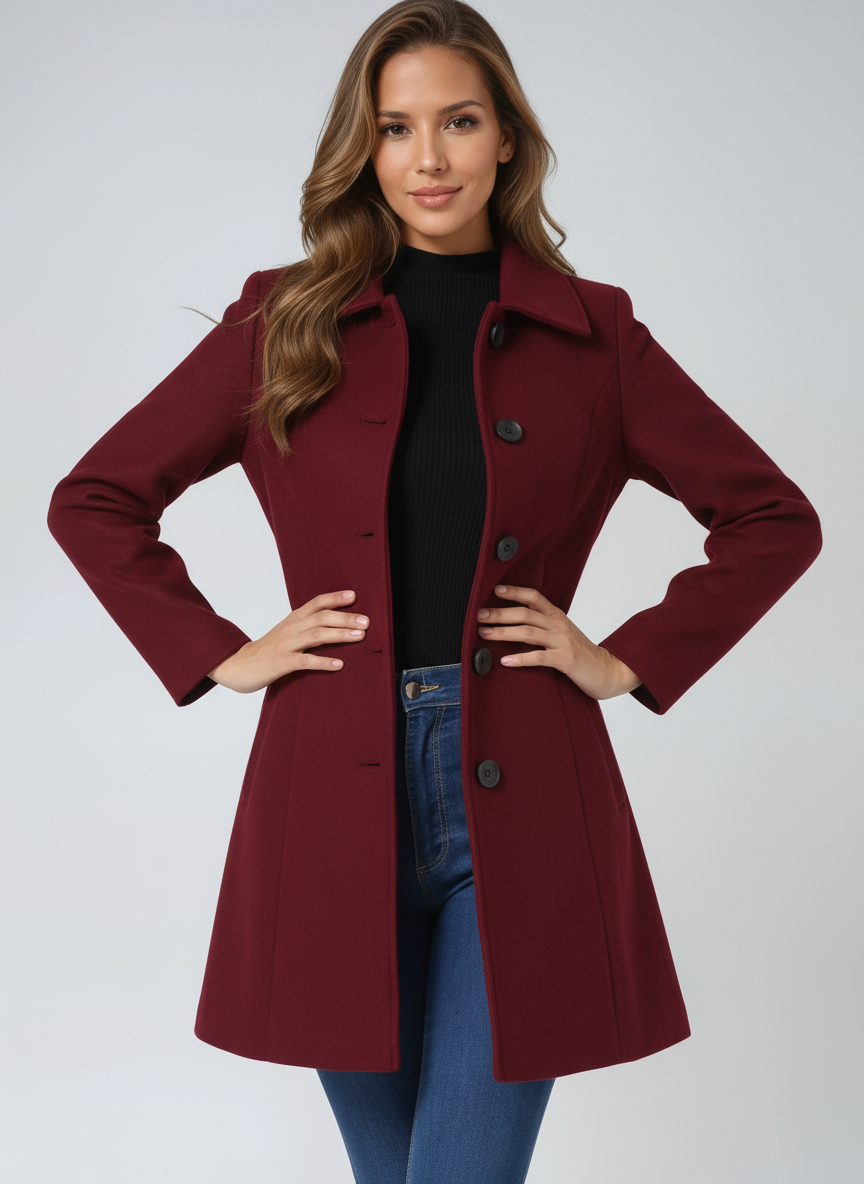 Women's Fit and Flare Coat Button-Front Classic Style Layered Chic