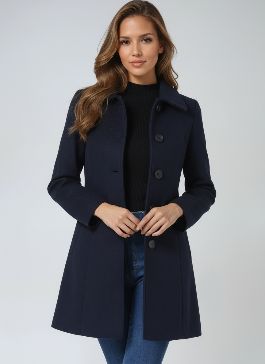 Women's Fit and Flare Coat Button-Front Classic Style Layered Chic