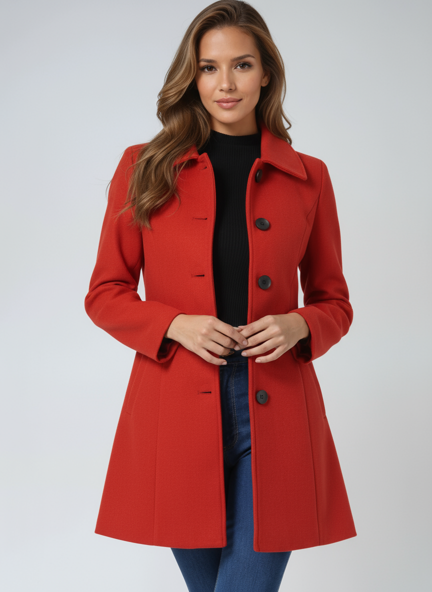 Women's Fit and Flare Coat Button-Front Classic Style Layered Chic