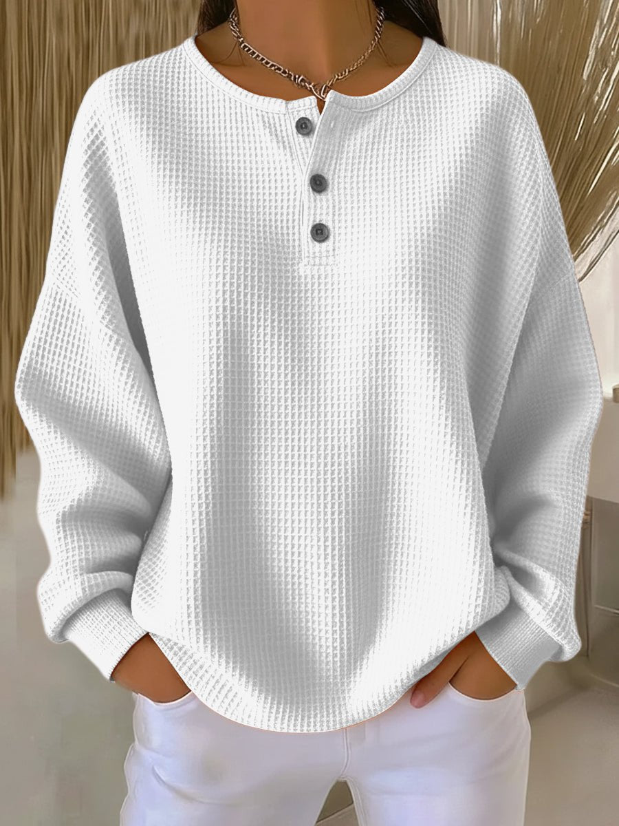 Women's Waffle Knit Sweatshirt Henley Neckline Drop Shoulder Relaxed Fit Casual
