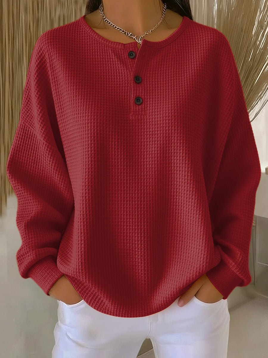 Women's Waffle Knit Sweatshirt Henley Neckline Drop Shoulder Relaxed Fit Casual
