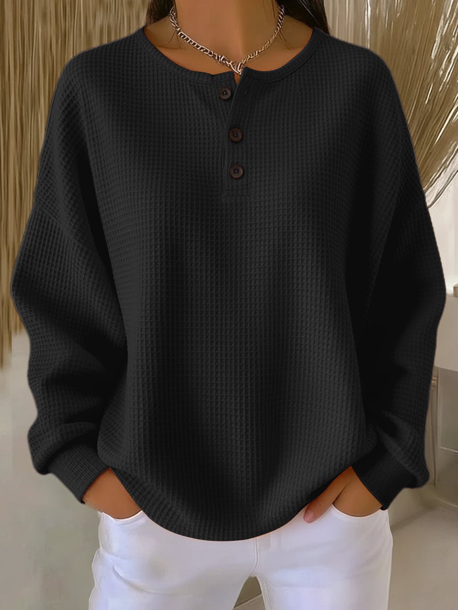 Women's Waffle Knit Sweatshirt Henley Neckline Drop Shoulder Relaxed Fit Casual