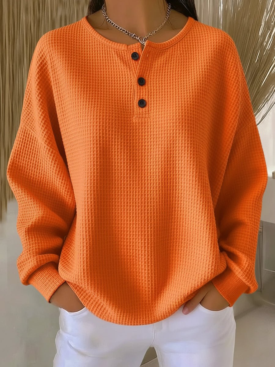 Women's Waffle Knit Sweatshirt Henley Neckline Drop Shoulder Relaxed Fit Casual