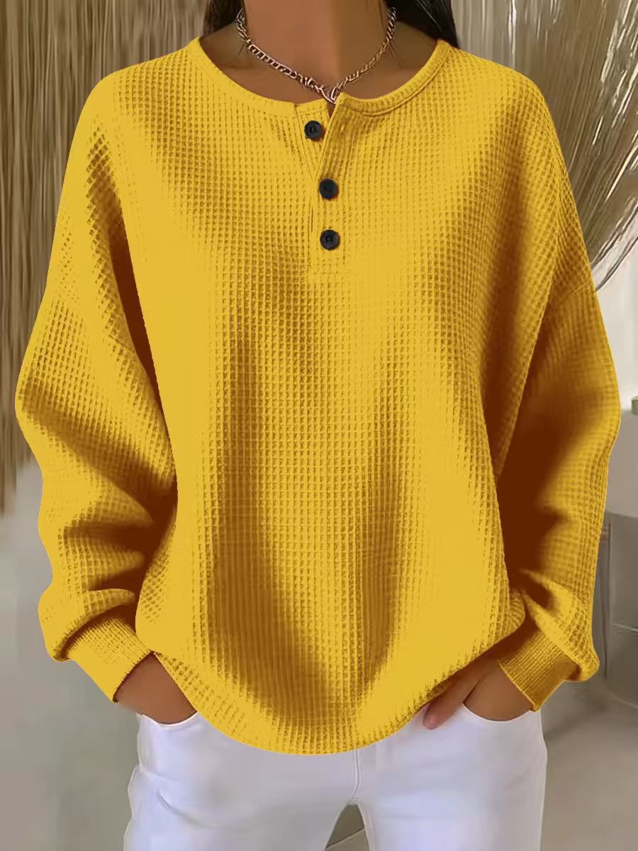 Women's Waffle Knit Sweatshirt Henley Neckline Drop Shoulder Relaxed Fit Casual