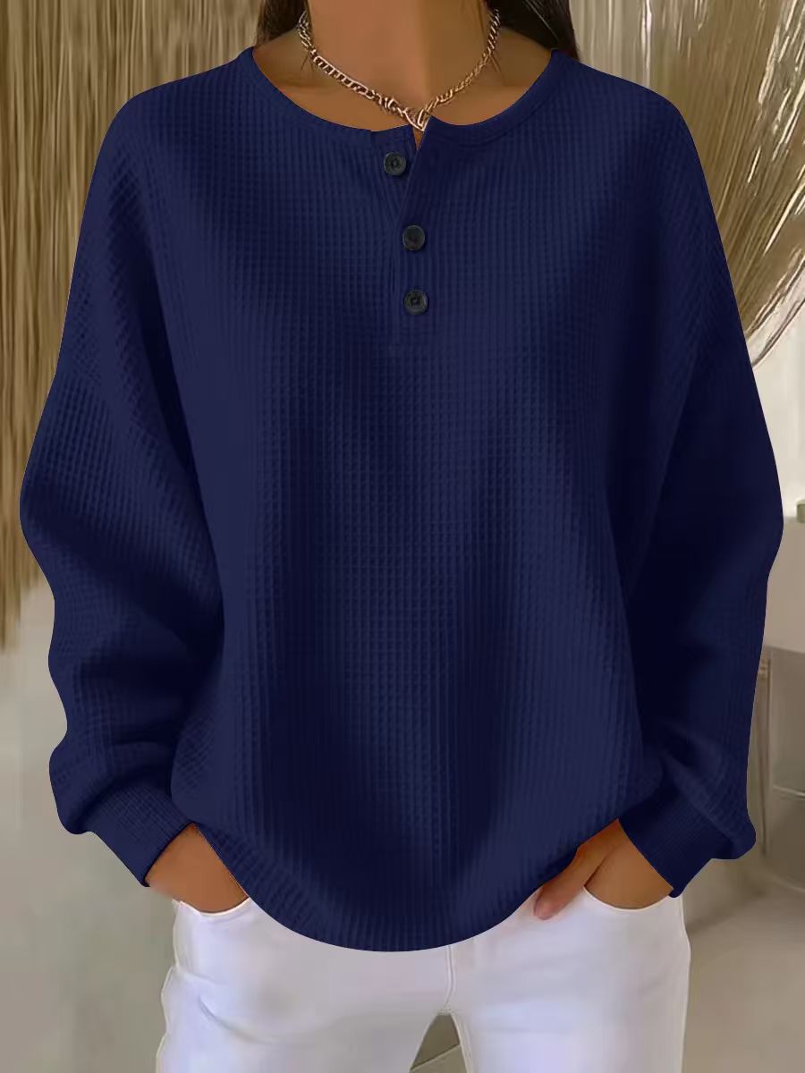 Women's Waffle Knit Sweatshirt Henley Neckline Drop Shoulder Relaxed Fit Casual