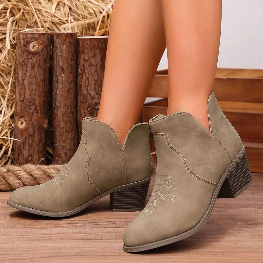 Women's Western Ankle Boots Block Heel Stitch Detail Stylish Everyday Wear