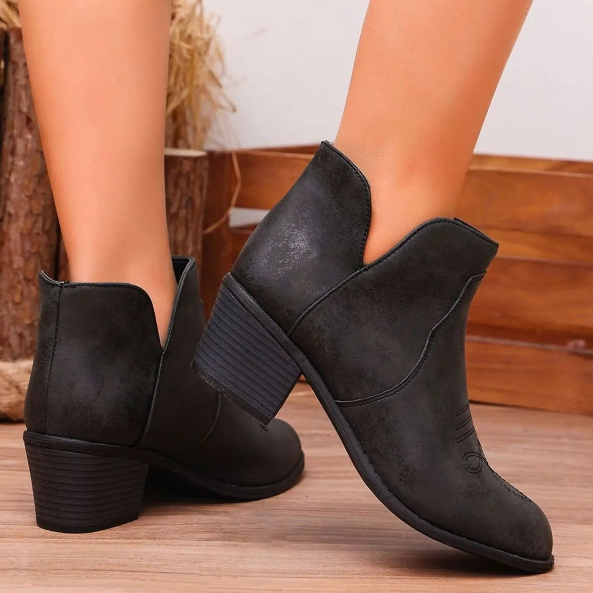 Women's Western Ankle Boots Block Heel Stitch Detail Stylish Everyday Wear