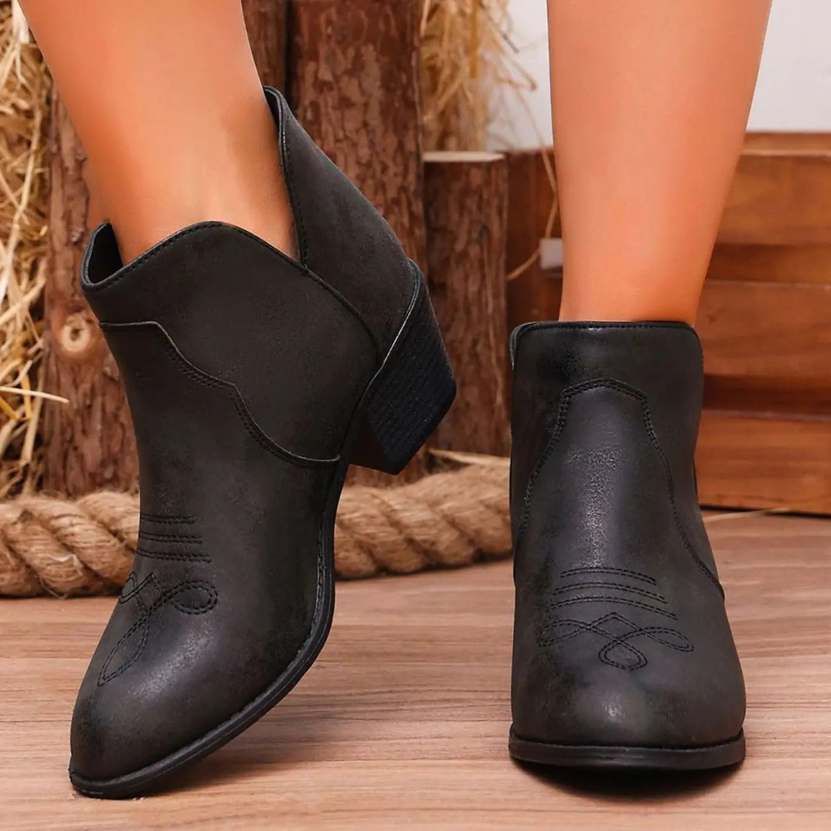 Women's Western Ankle Boots Block Heel Stitch Detail Stylish Everyday Wear