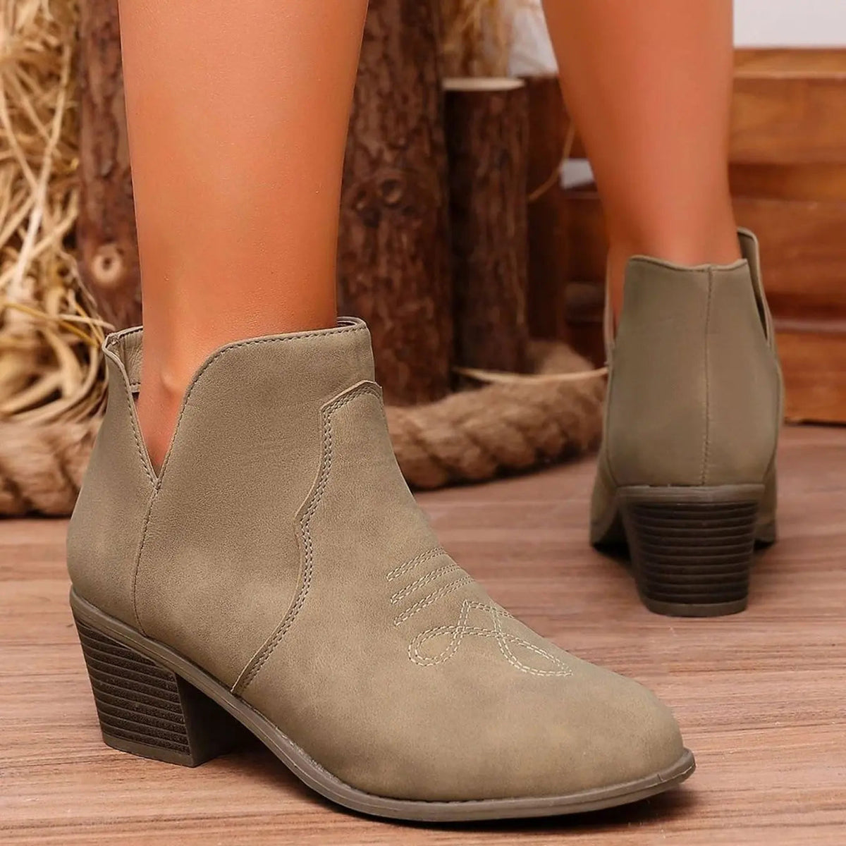 Women's Western Ankle Boots Block Heel Stitch Detail Stylish Everyday Wear