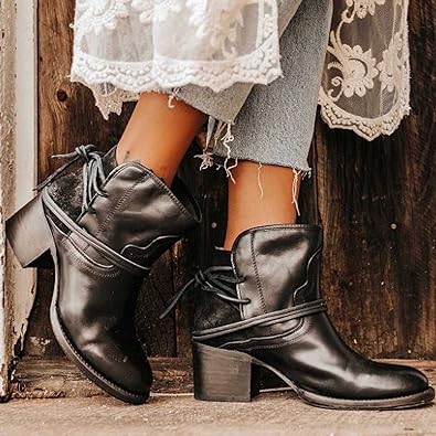 Women's Ankle Boots Wrap Lace Detail Block Heel Stylish Everyday Footwear