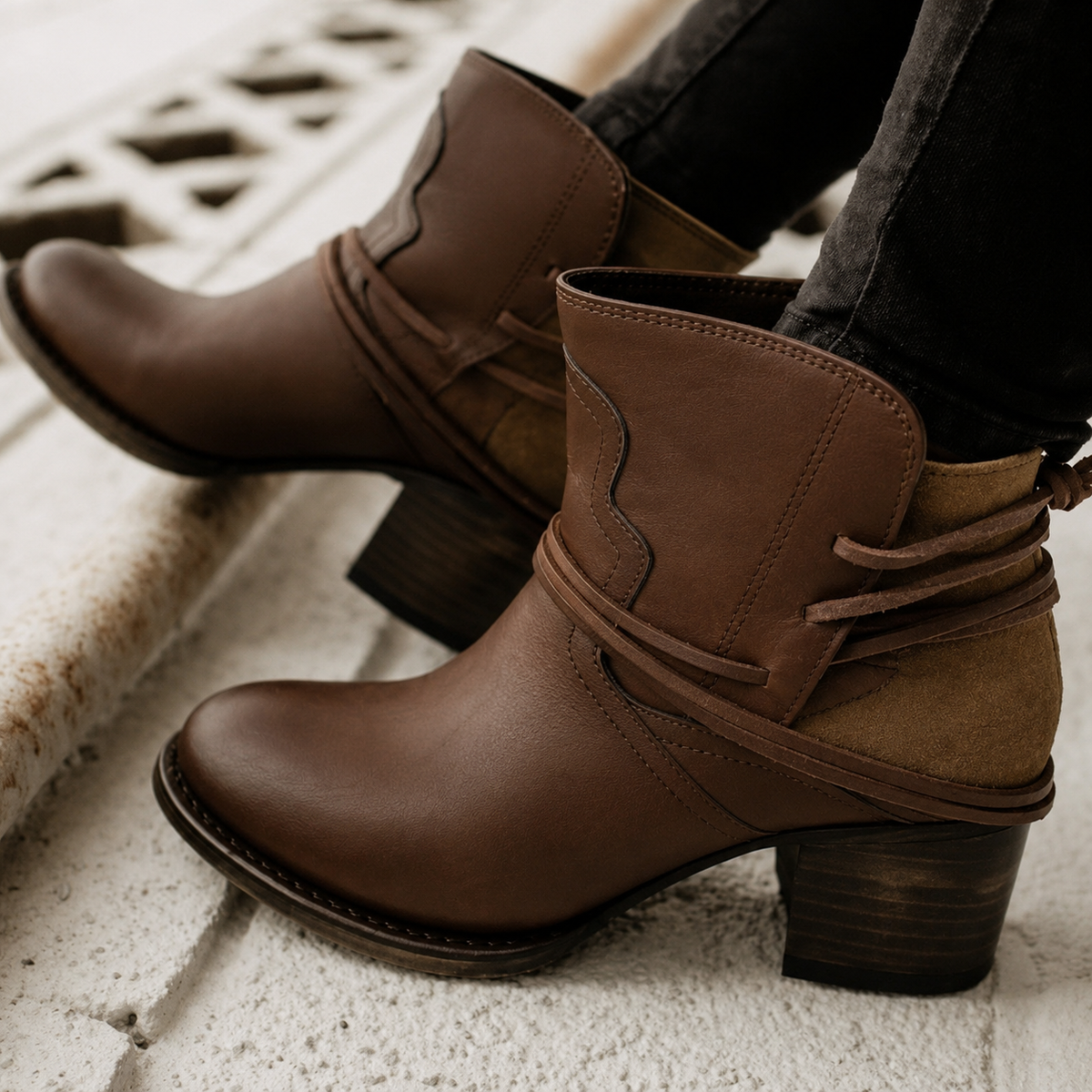 Women's Ankle Boots Wrap Lace Detail Block Heel Stylish Everyday Footwear