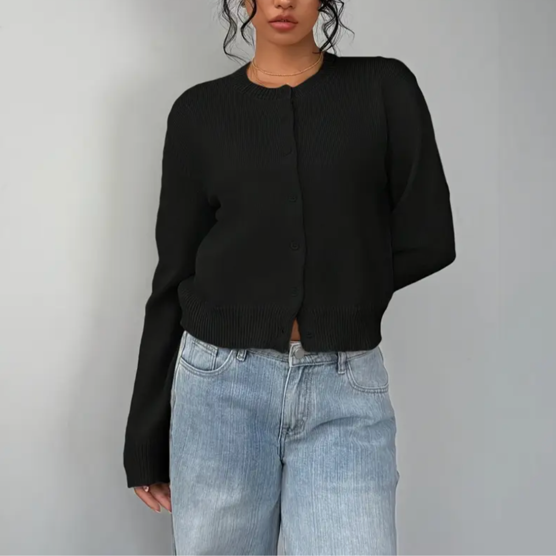 Women's Cropped Cardigan Long Sleeve Crew Neck Button Front Ribbed Knit Style