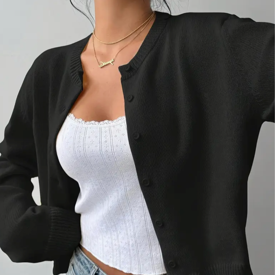Women's Cropped Cardigan Long Sleeve Crew Neck Button Front Ribbed Knit Style