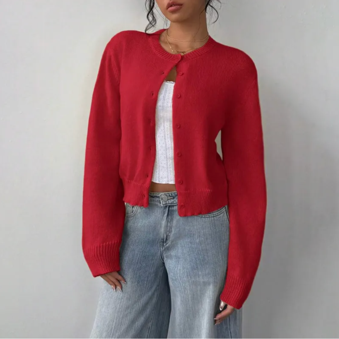 Women's Cropped Cardigan Long Sleeve Crew Neck Button Front Ribbed Knit Style