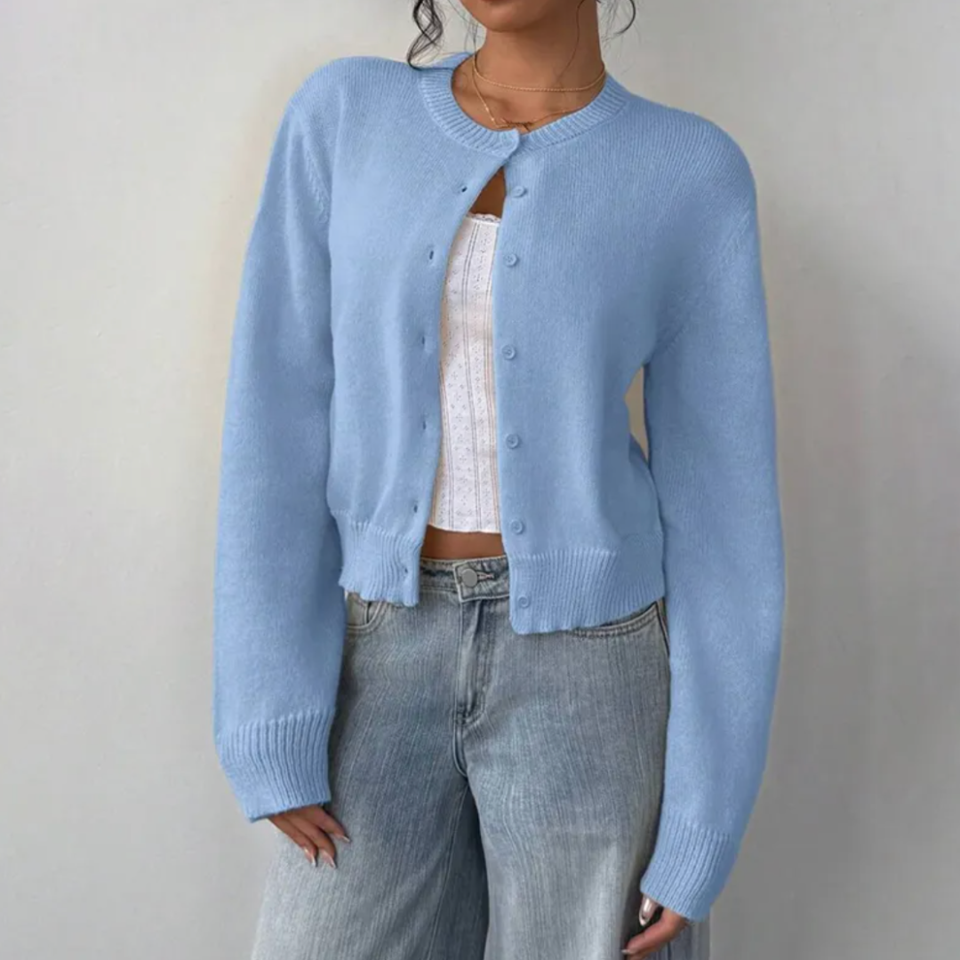 Women's Cropped Cardigan Long Sleeve Crew Neck Button Front Ribbed Knit Style