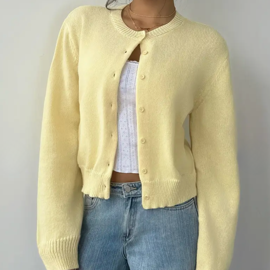 Women's Cropped Cardigan Long Sleeve Crew Neck Button Front Ribbed Knit Style