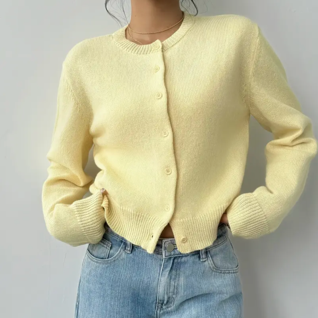 Women's Cropped Cardigan Long Sleeve Crew Neck Button Front Ribbed Knit Style