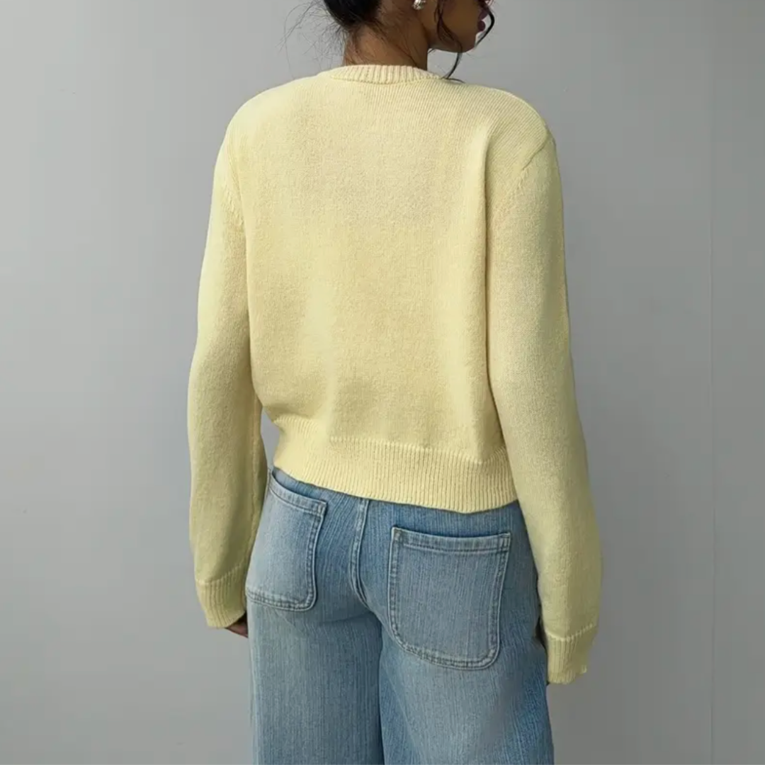 Women's Cropped Cardigan Long Sleeve Crew Neck Button Front Ribbed Knit Style