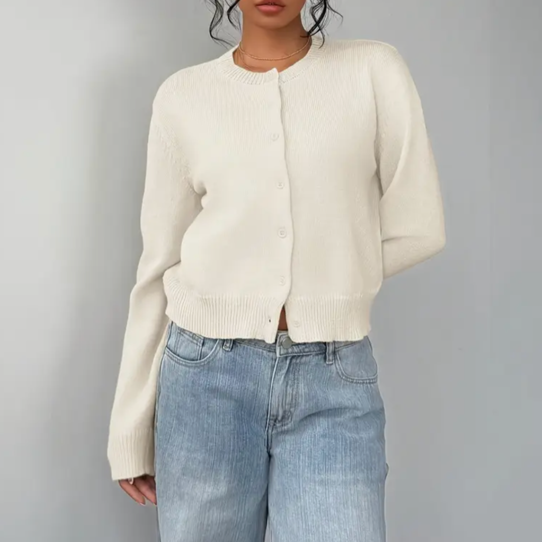 Women's Cropped Cardigan Long Sleeve Crew Neck Button Front Ribbed Knit Style