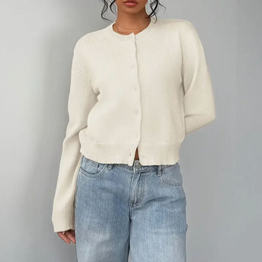 Women's Cropped Cardigan Long Sleeve Crew Neck Button Front Ribbed Knit Style