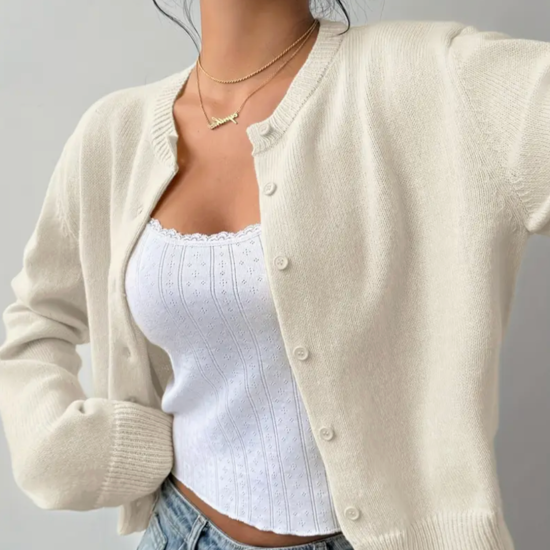 Women's Cropped Cardigan Long Sleeve Crew Neck Button Front Ribbed Knit Style