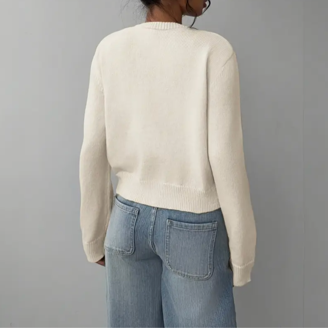 Women's Cropped Cardigan Long Sleeve Crew Neck Button Front Ribbed Knit Style