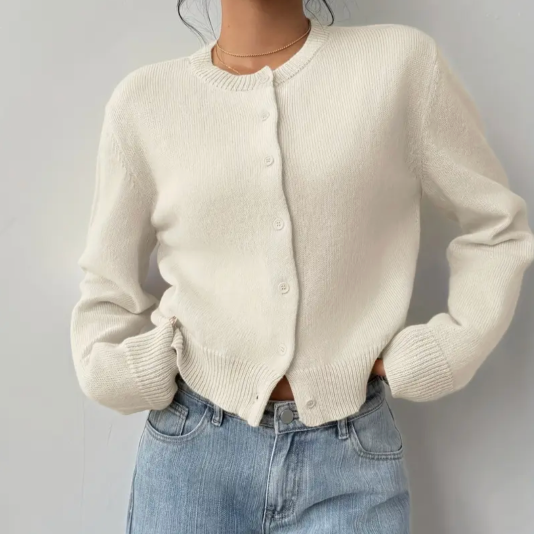 Women's Cropped Cardigan Long Sleeve Crew Neck Button Front Ribbed Knit Style