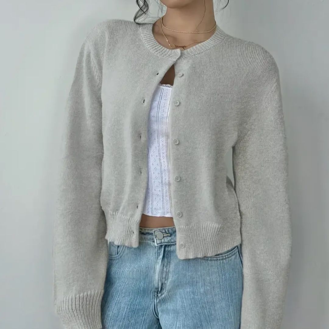 Women's Cropped Cardigan Long Sleeve Crew Neck Button Front Ribbed Knit Style