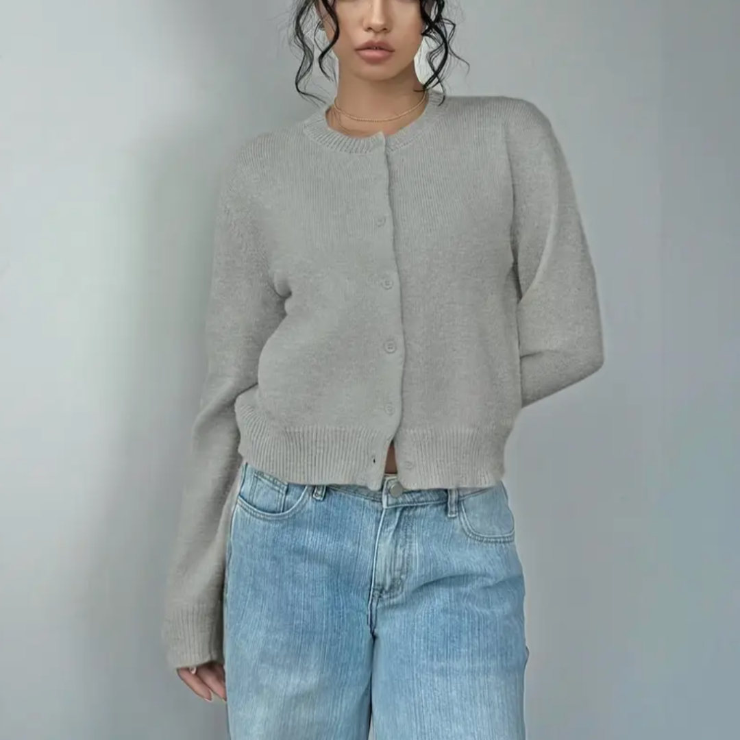 Women's Cropped Cardigan Long Sleeve Crew Neck Button Front Ribbed Knit Style