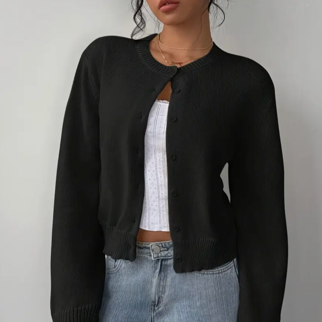 Women's Cropped Cardigan Long Sleeve Crew Neck Button Front Ribbed Knit Style