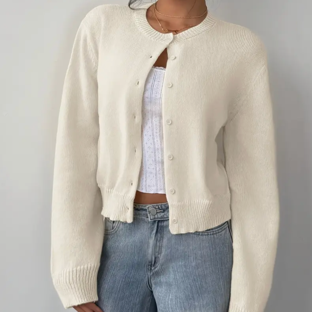 Women's Cropped Cardigan Long Sleeve Crew Neck Button Front Ribbed Knit Style