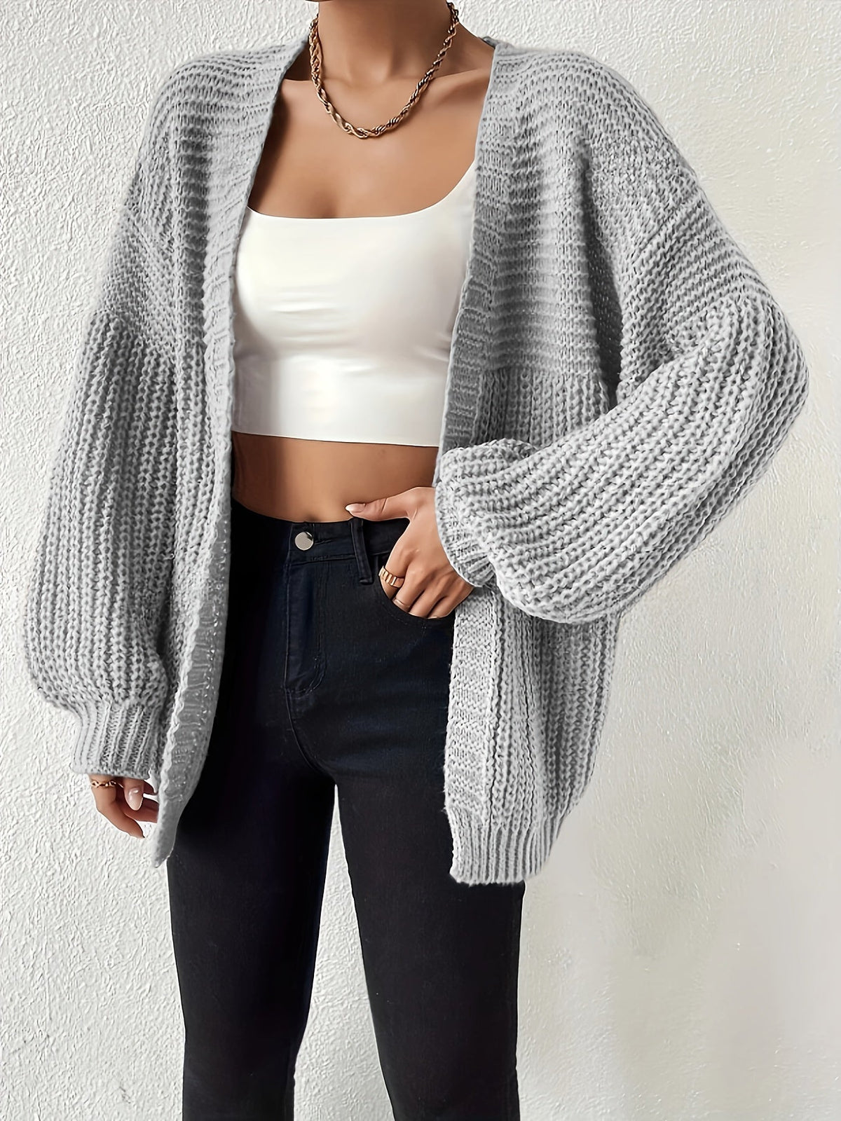 Women's Oversized Knit Cardigan Open Front Balloon Sleeve Relaxed Style