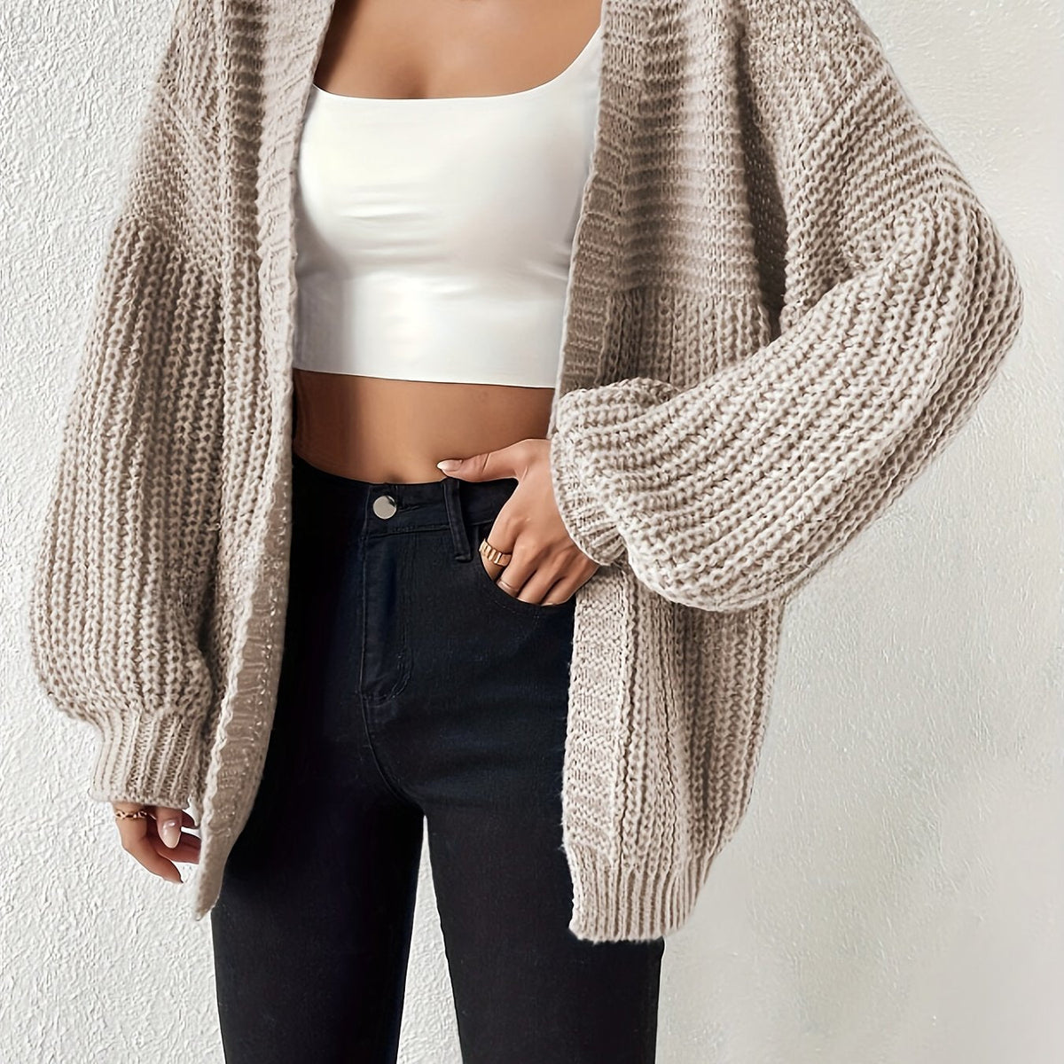 Women's Oversized Knit Cardigan Open Front Balloon Sleeve Relaxed Style
