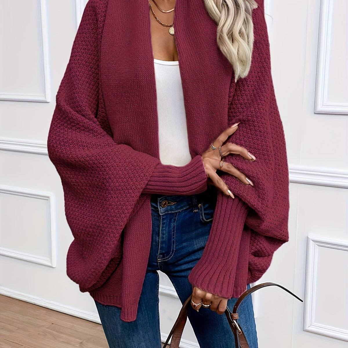 Women's Oversized Knit Cardigan Shawl Collar Dolman Sleeve Relaxed Style