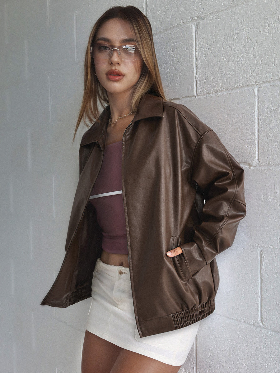 Women's Oversized Leather Jacket Relaxed Fit Long Sleeve Classic Styling Everyday
