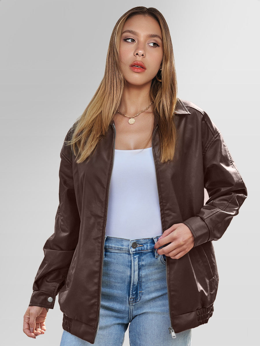Women's Oversized Leather Jacket Relaxed Fit Long Sleeve Classic Styling Everyday