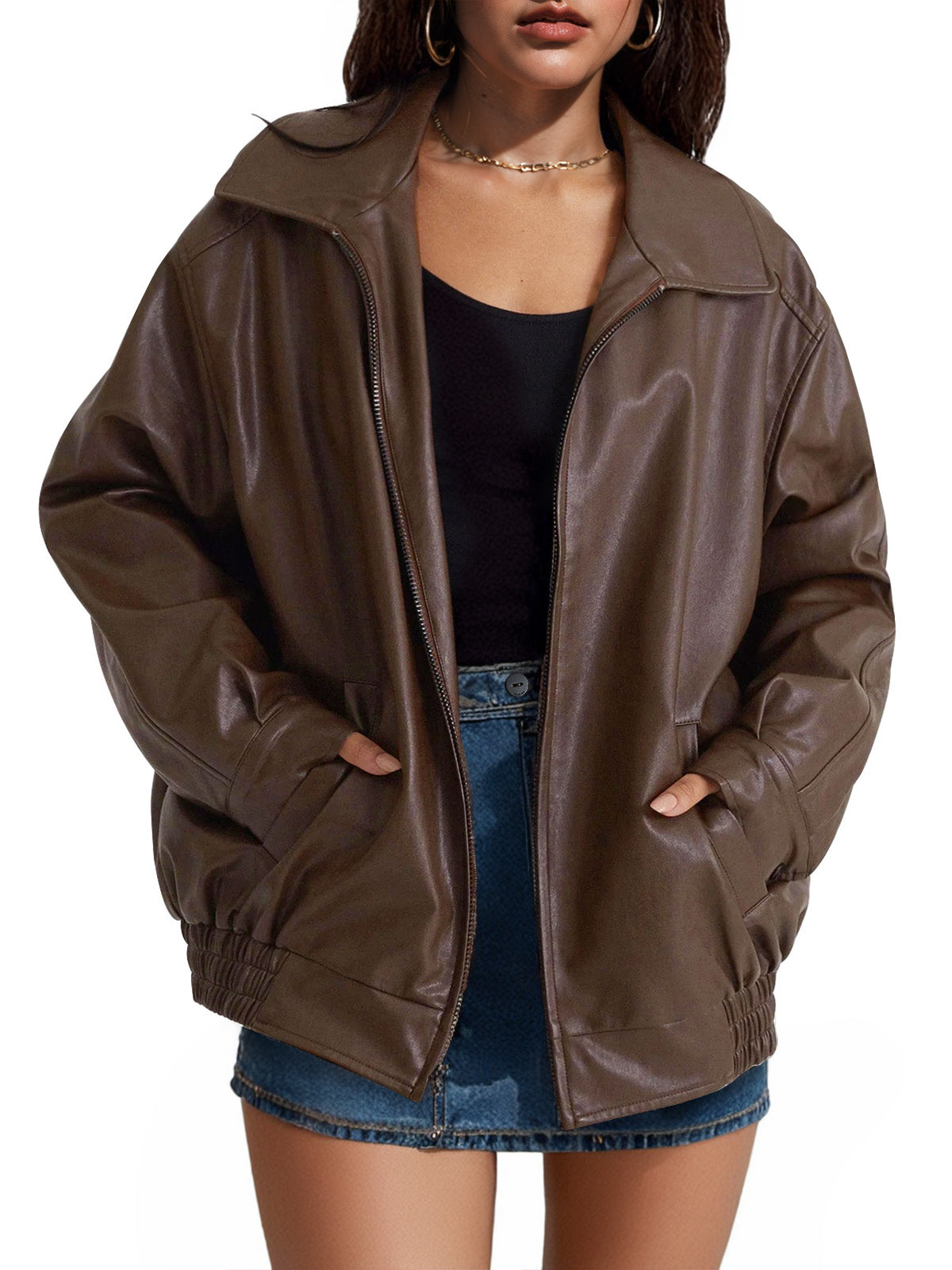 Women's Oversized Leather Jacket Relaxed Fit Long Sleeve Classic Styling Everyday