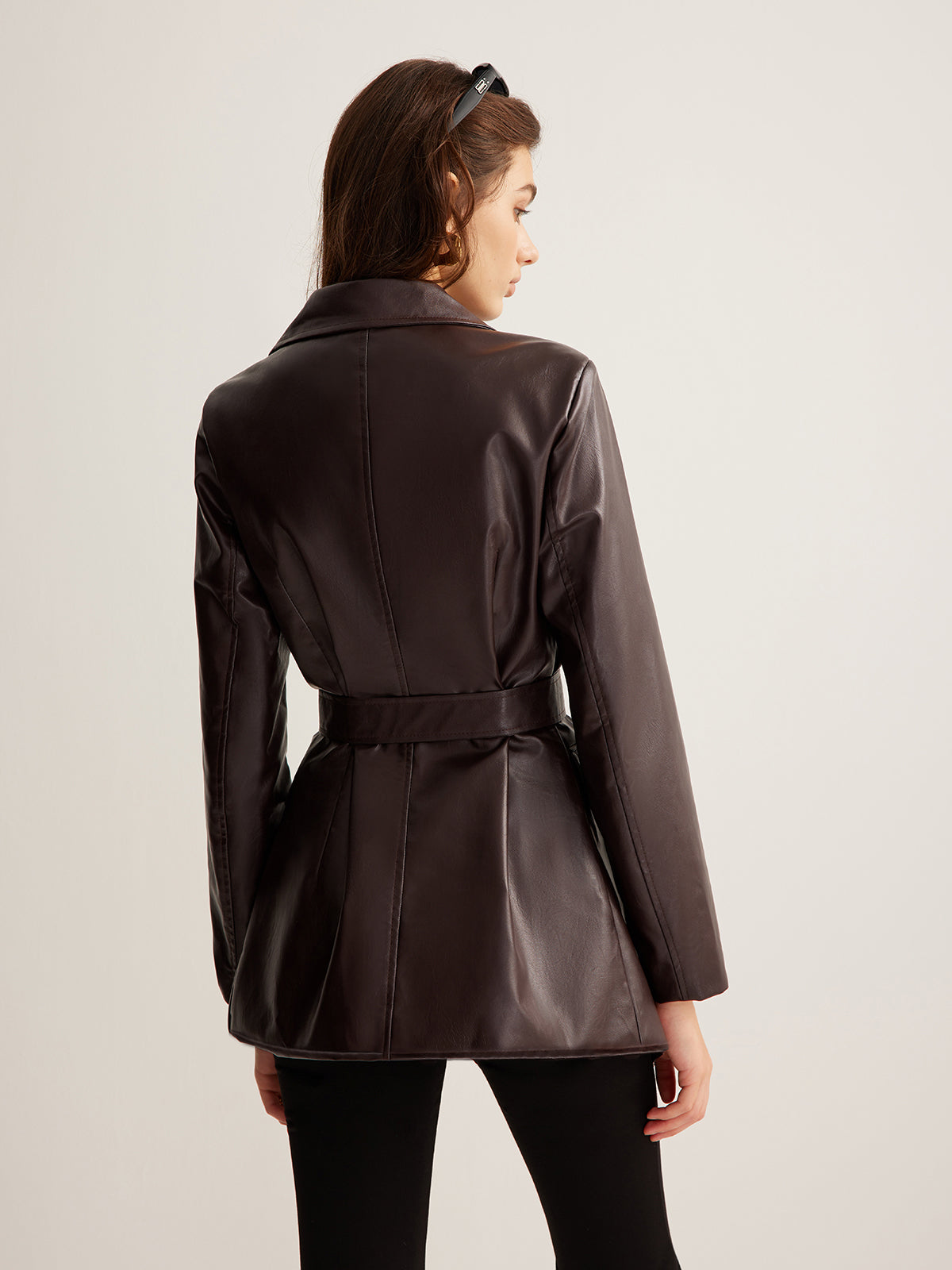 Women's Belted Leather Jacket Fitted Long Sleeve Notched Collar Stylish Everyday