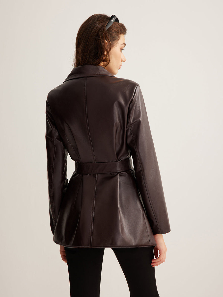 Women's Belted Leather Jacket Fitted Long Sleeve Notched Collar Stylish Everyday
