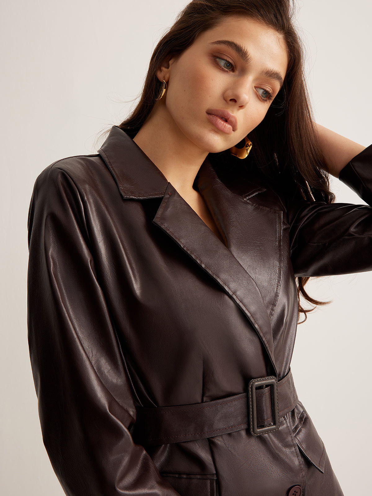 Women's Belted Leather Jacket Fitted Long Sleeve Notched Collar Stylish Everyday