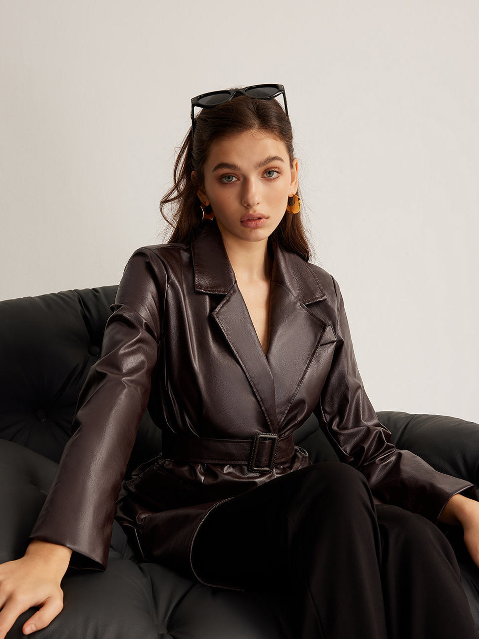 Women's Belted Leather Jacket Fitted Long Sleeve Notched Collar Stylish Everyday