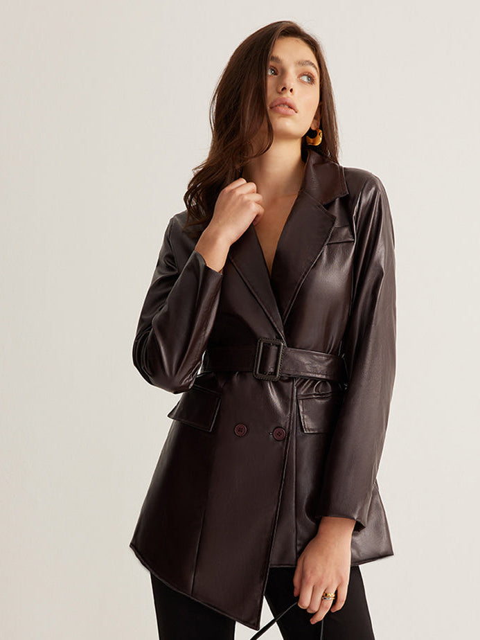 Women's Belted Leather Jacket Fitted Long Sleeve Notched Collar Stylish Everyday