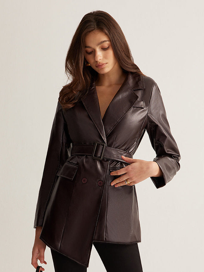 Women's Belted Leather Jacket Fitted Long Sleeve Notched Collar Stylish Everyday